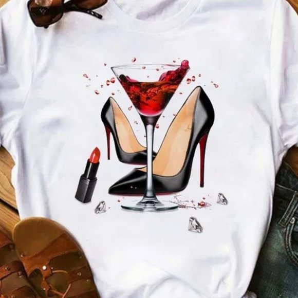 2/$40 Women's Graphic Tee High Heels Martini Lipstick Print Casual White T-Shirt - Picture 4 of 5